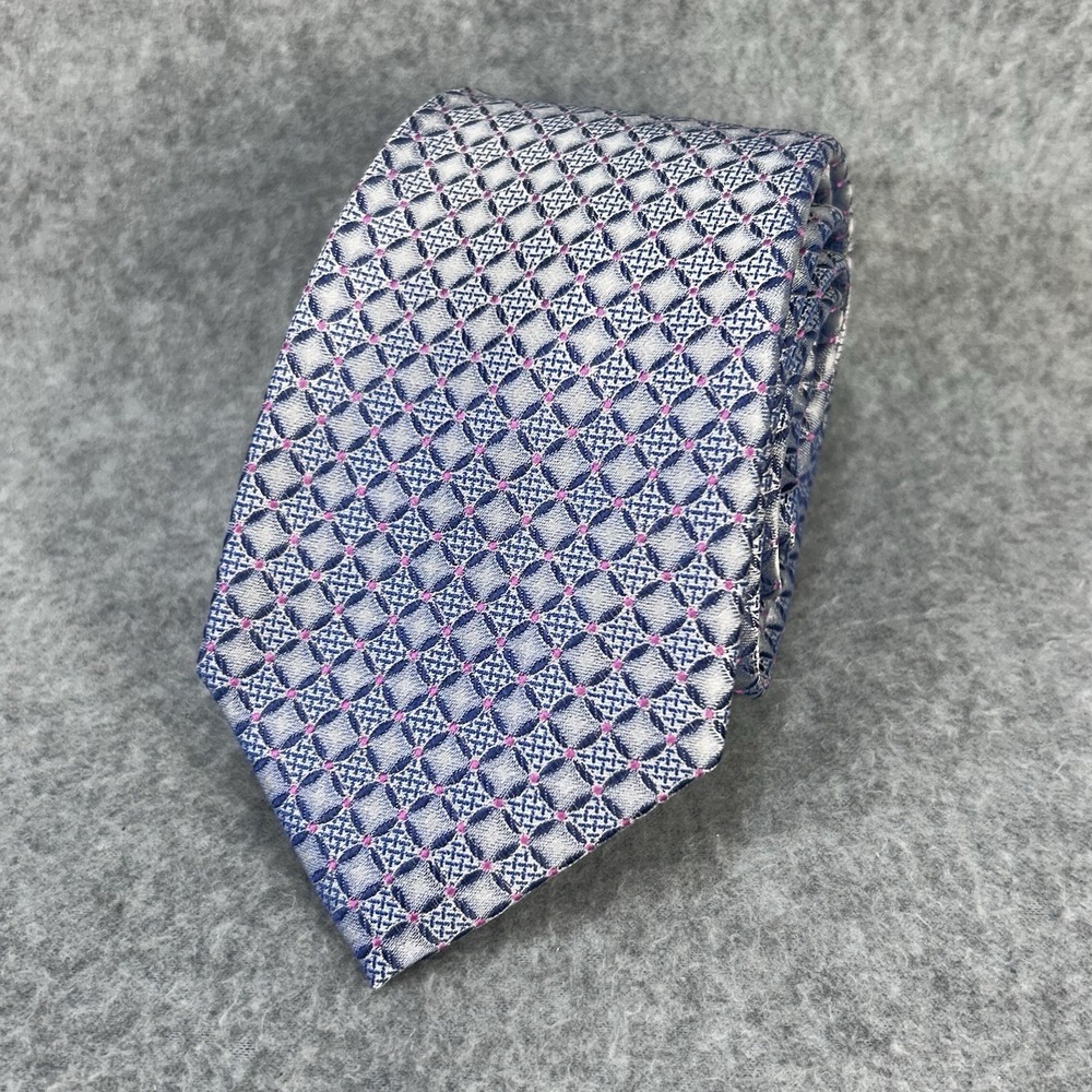 Croft & Barrow Mens Tie 58x3.75 Blue Silver Pink Geometric Diamond Silk Blend